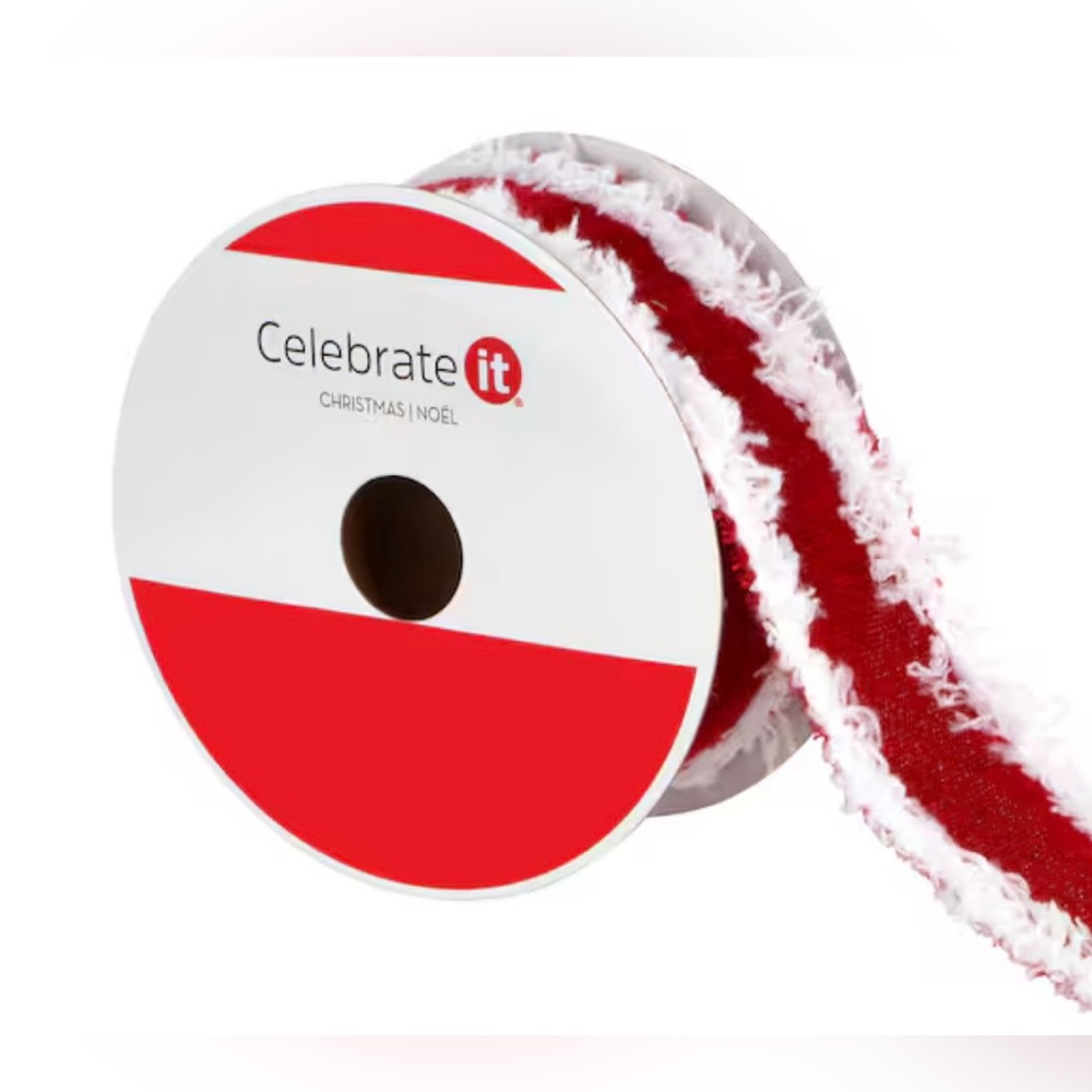 Celebrate It red velvet white faux fur edge wired ribbon 1½ in x 15 ft